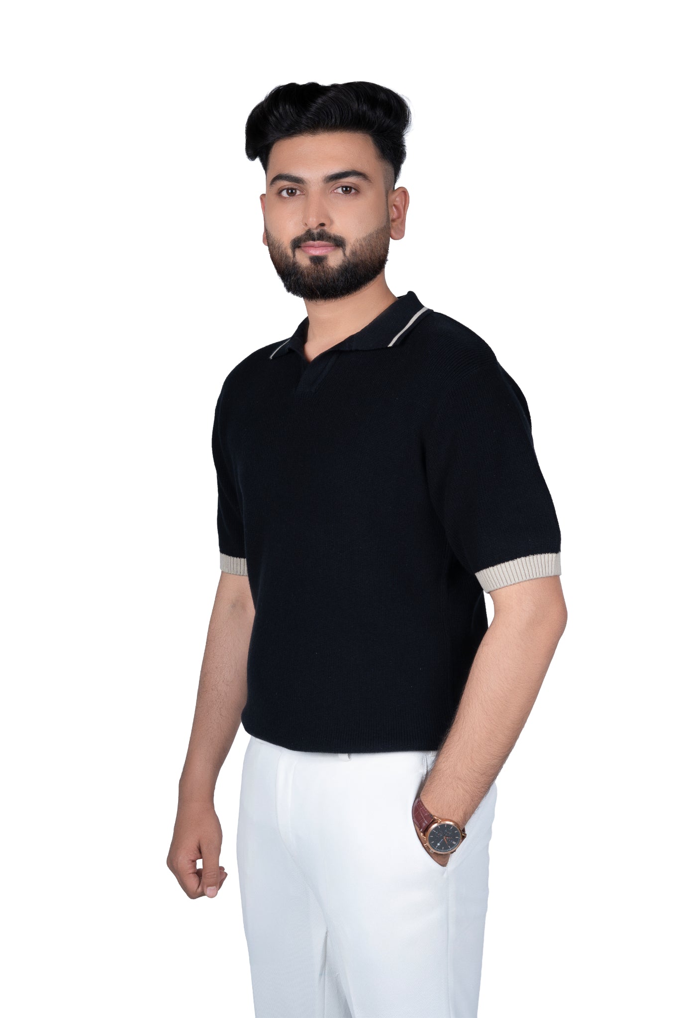 SALLT Black Knitted Polo Cotton Shirt - Relaxed Fit