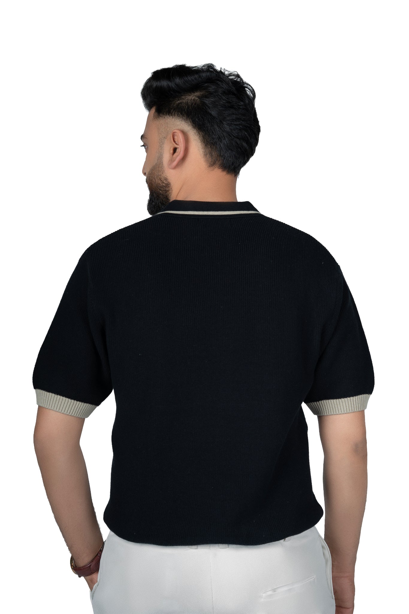 SALLT Black Knitted Polo Cotton Shirt - Relaxed Fit