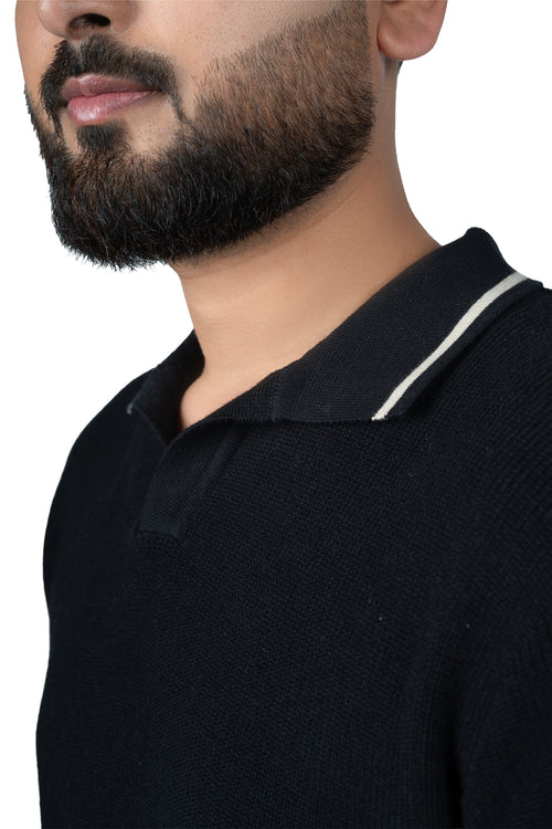 SALLT Black Knitted Polo Cotton Shirt - Relaxed Fit