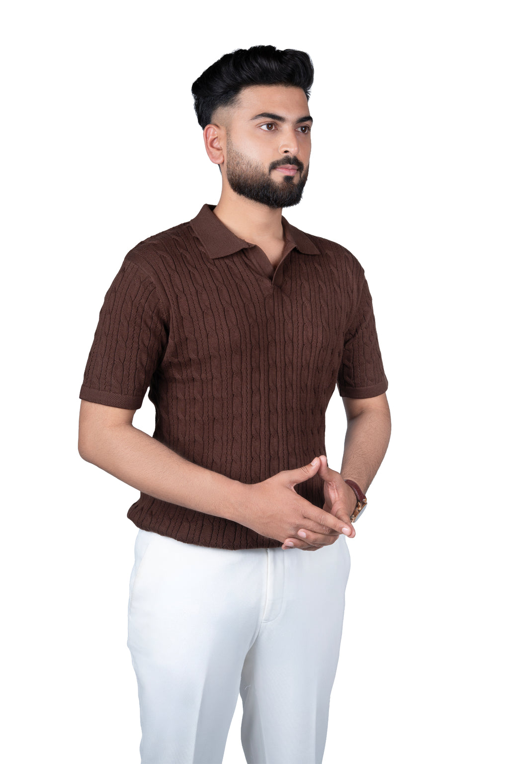SALLT Brown Knitted Polo Cotton Shirt - Regular Fit