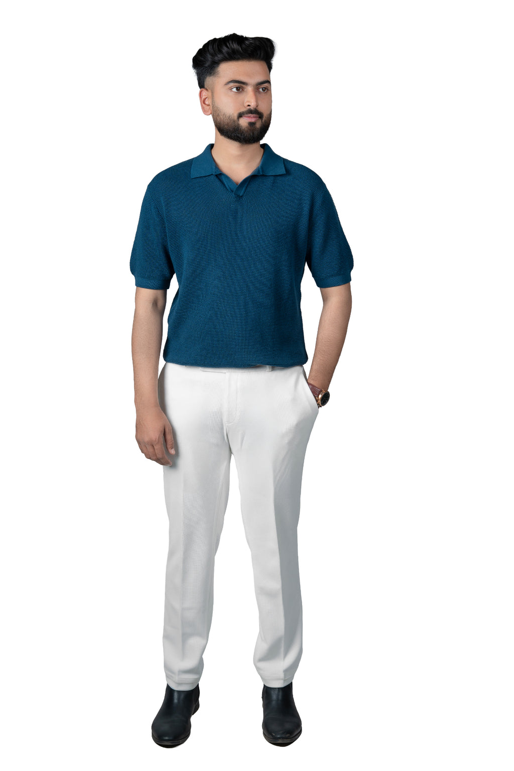 SALLT Blue Knitted Polo Cotton Shirt - Relaxed Fit