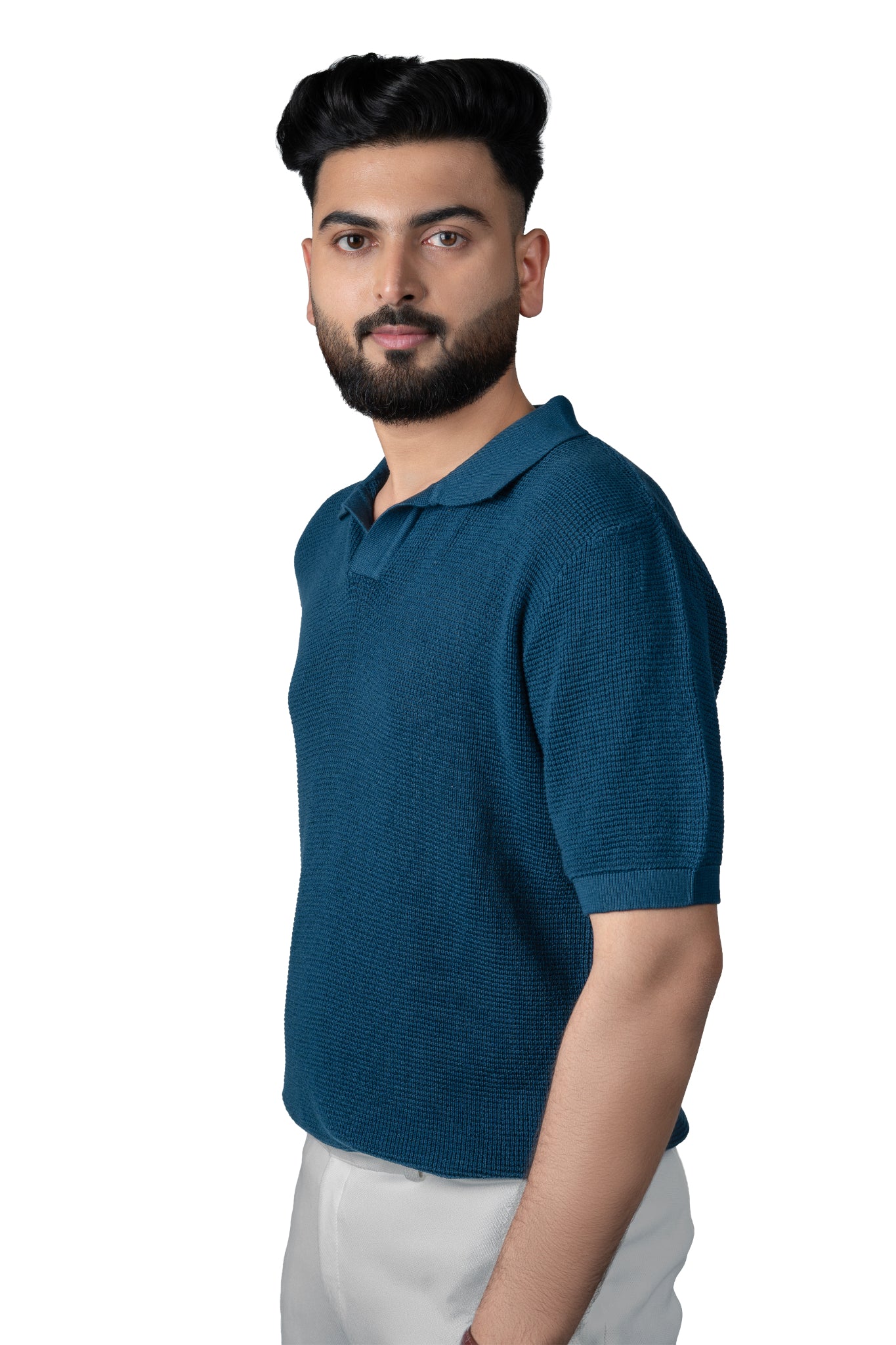 SALLT Blue Knitted Polo Cotton Shirt - Relaxed Fit