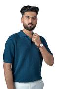 SALLT Blue Knitted Polo Cotton Shirt - Relaxed Fit