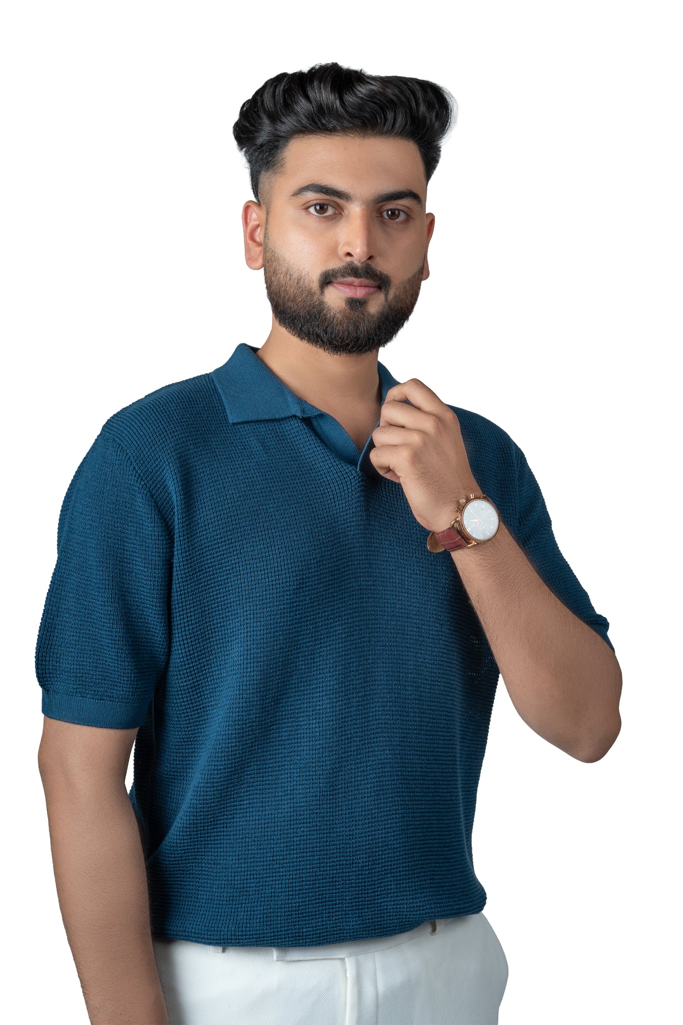 SALLT Blue Knitted Polo Cotton Shirt - Relaxed Fit