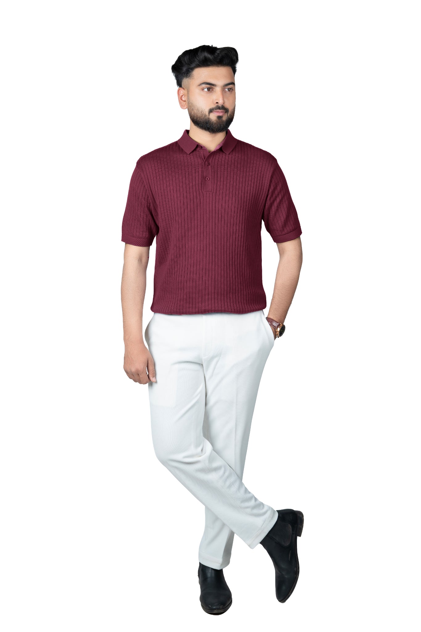 SALLT Maroon Knitted Polo Cotton Shirt - Regular Fit