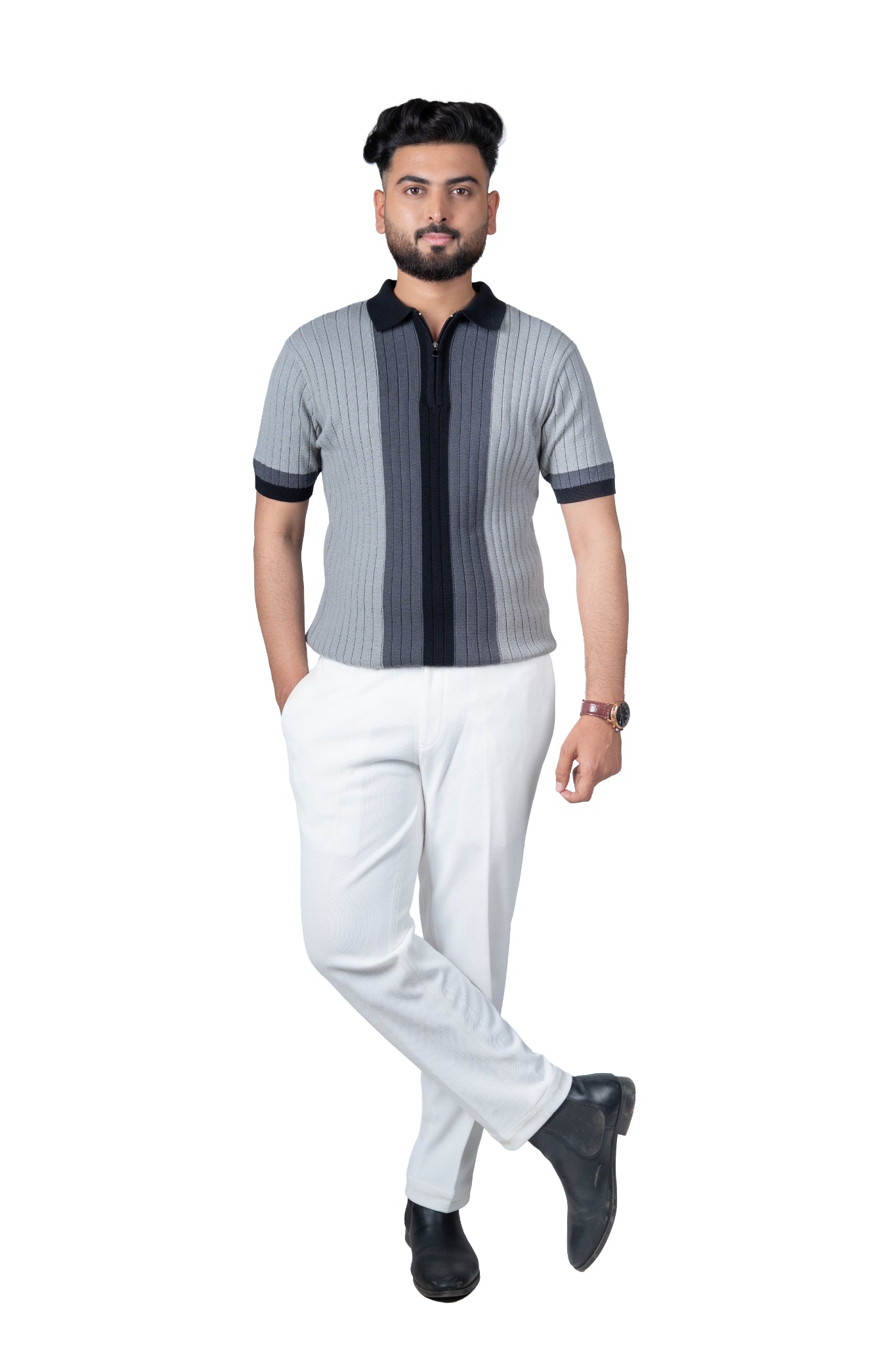 SALLT Black Knitted Polo Cotton Shirt - Regular Fit