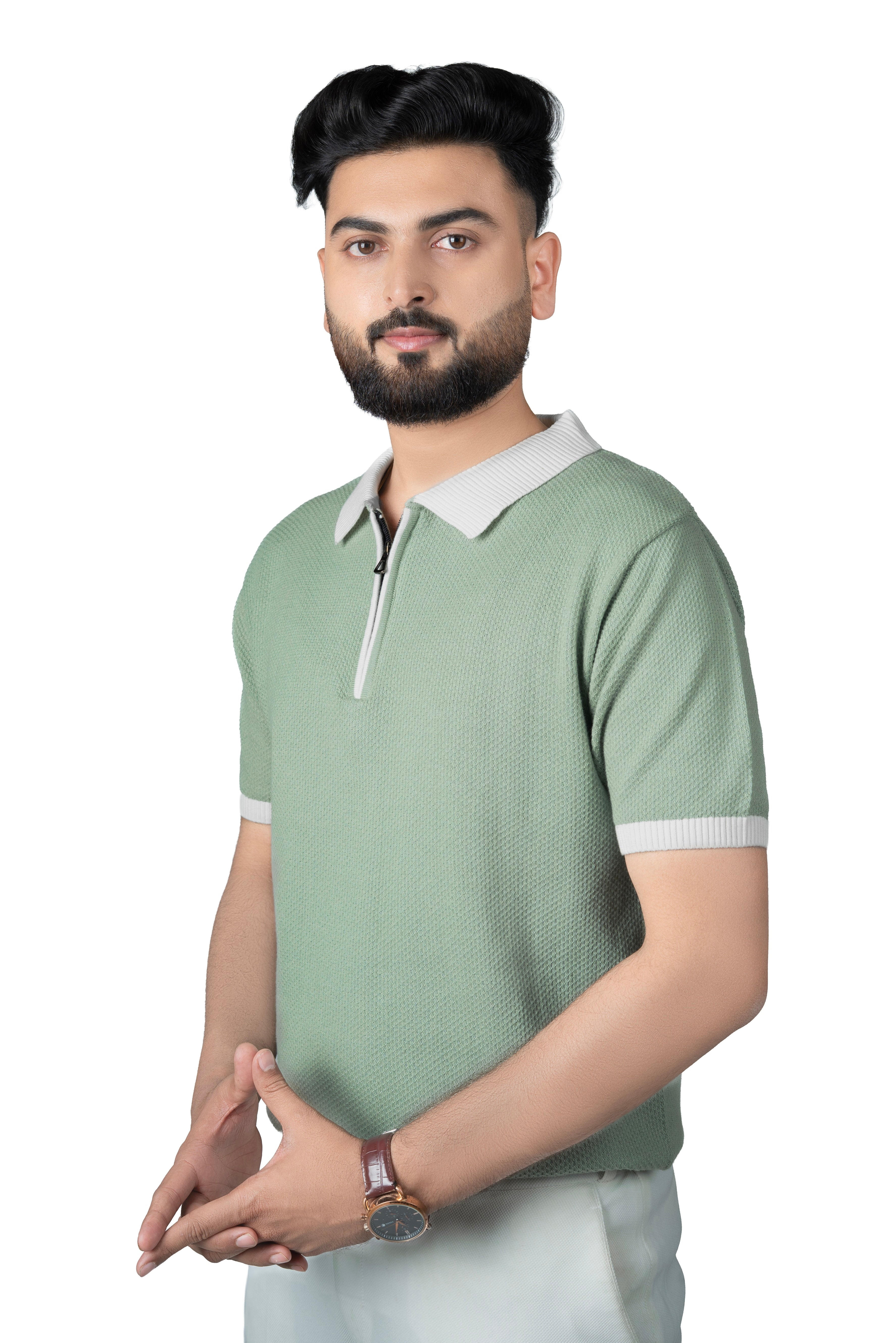 SALLT Green Knitted Polo Cotton Shirt - Regular Fit