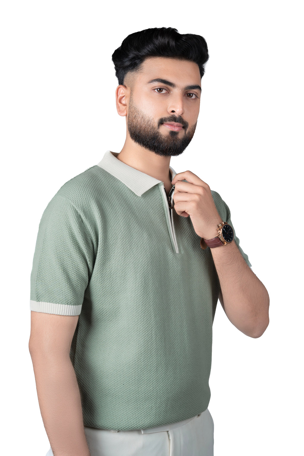 SALLT Green Knitted Polo Cotton Shirt - Regular Fit