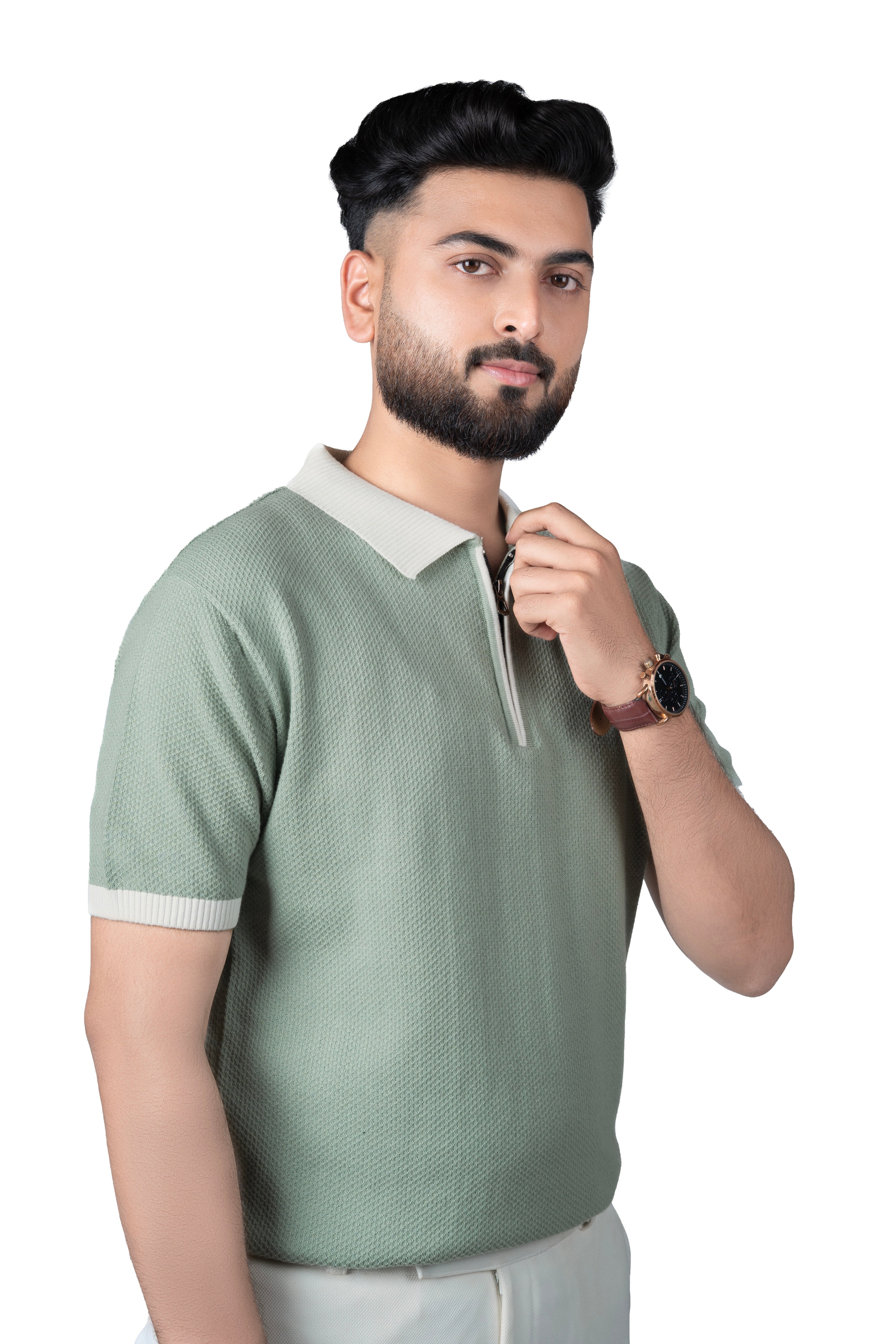 SALLT Green Knitted Polo Cotton Shirt - Regular Fit