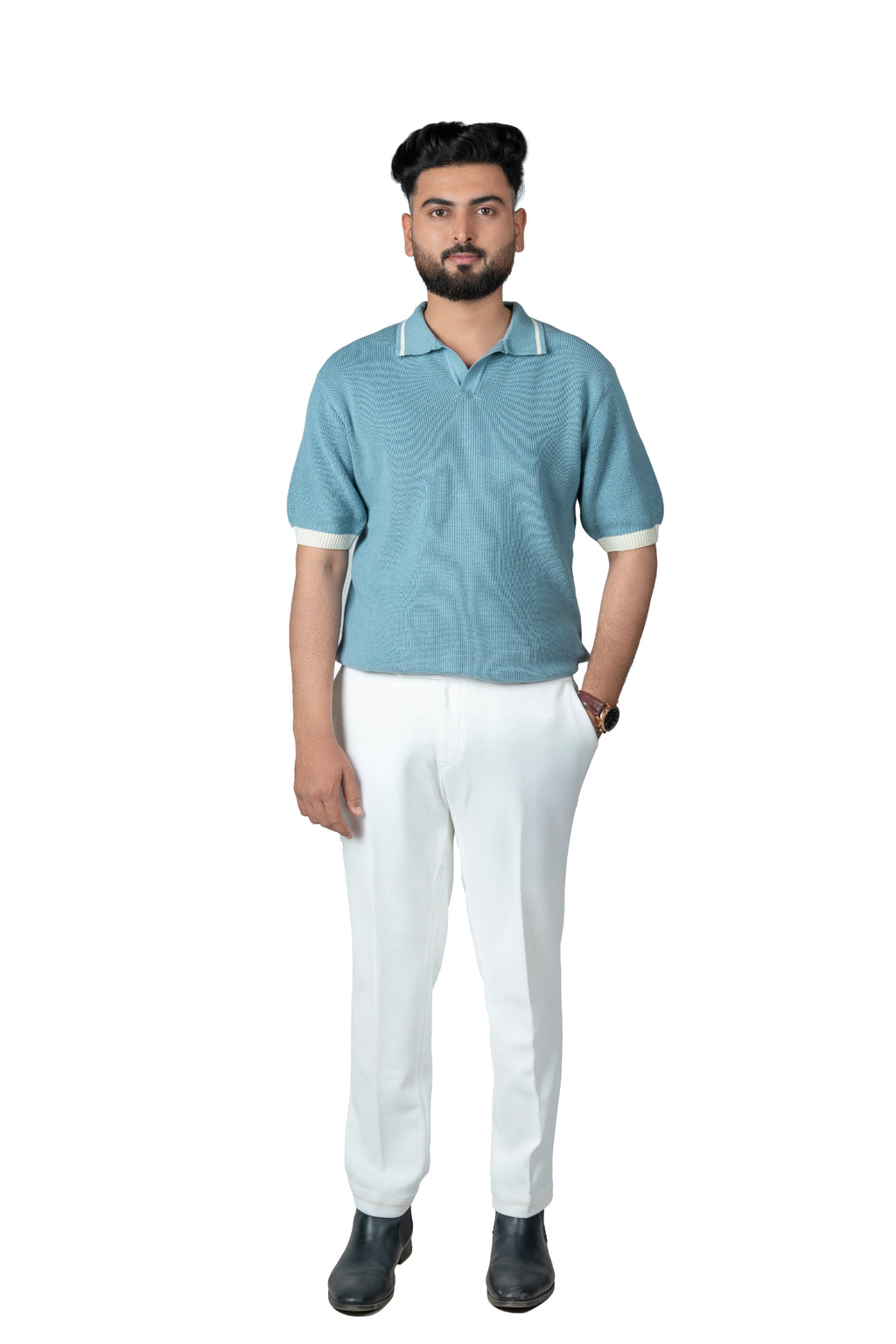 SALLT Blue Knitted Polo Cotton Shirt - Relaxed Fit