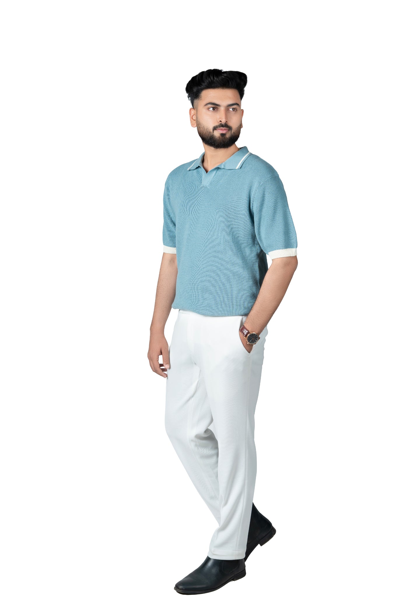 SALLT Blue Knitted Polo Cotton Shirt - Relaxed Fit