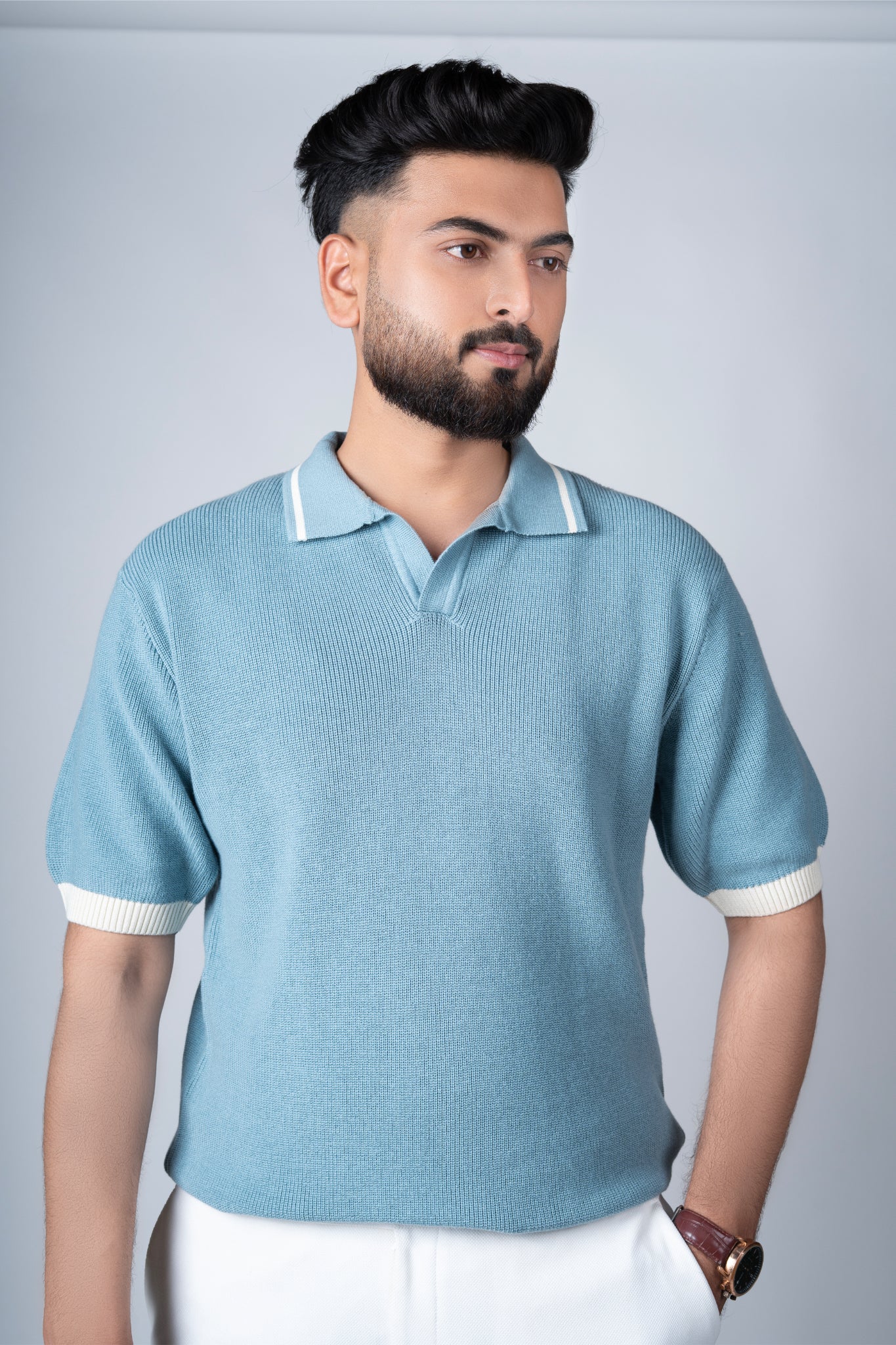SALLT Blue Knitted Polo Cotton Shirt - Relaxed Fit